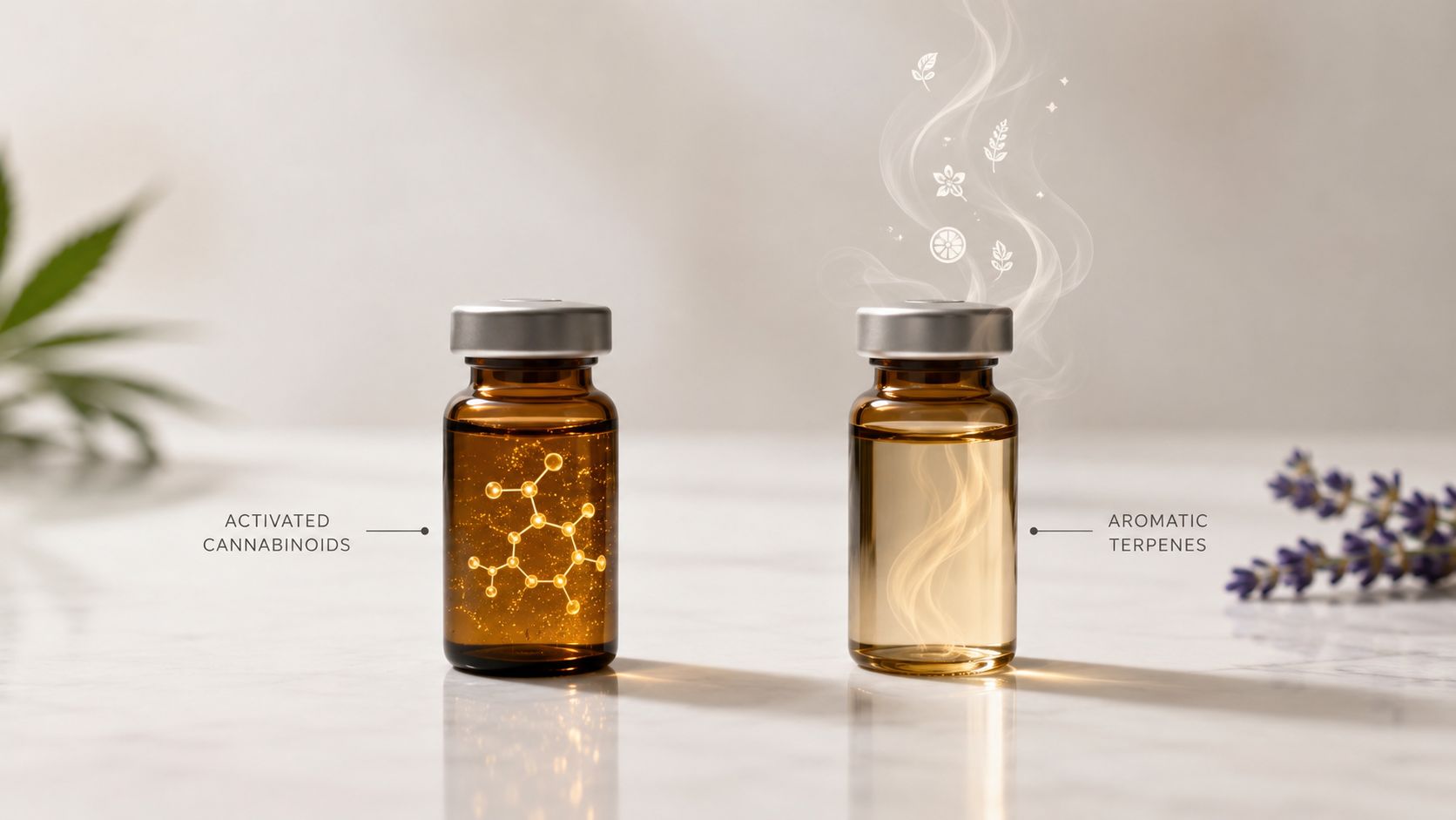 Two amber vials, one showing molecular cannabinoids and the other aromatic terpenes, representing cannabis extraction concepts.