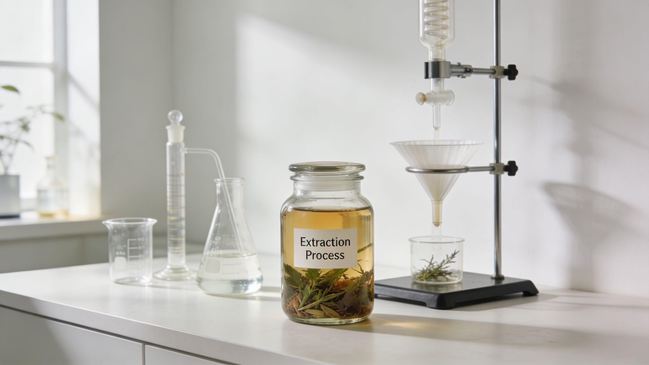Glass jars and laboratory equipment used for the herbal alcohol cannabis tincture extraction process on a white table.