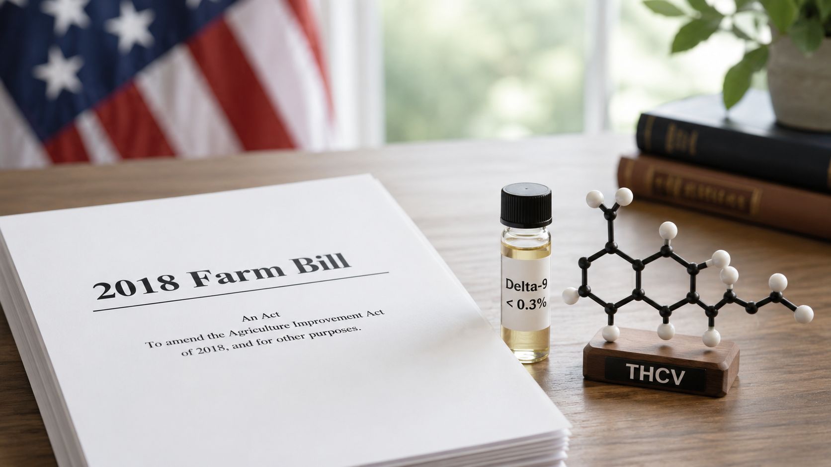 A 2018 Farm Bill document, a vial of Delta-9 THC, and a THCV molecular model on a wooden table.