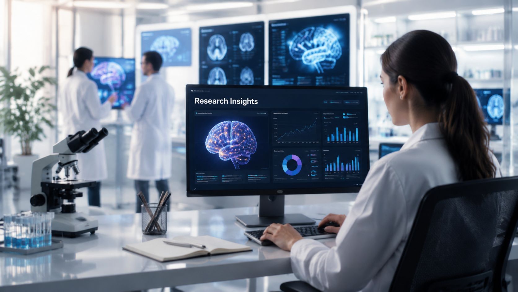 A scientist analyzing brain imaging data on a computer screen in a modern medical research laboratory.