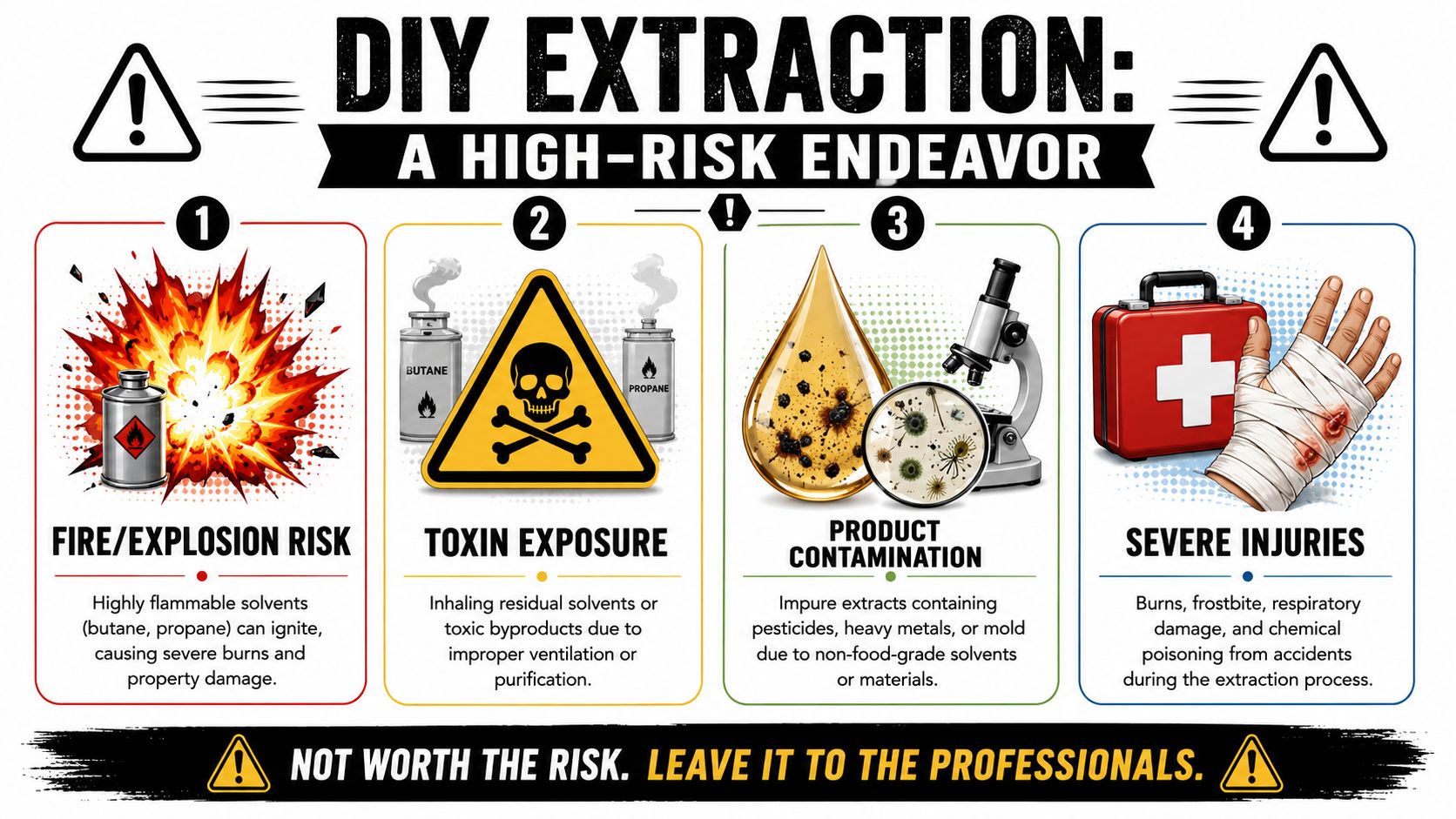 An infographic detailing the severe health, safety, and contamination risks of DIY hash oil extraction processes.