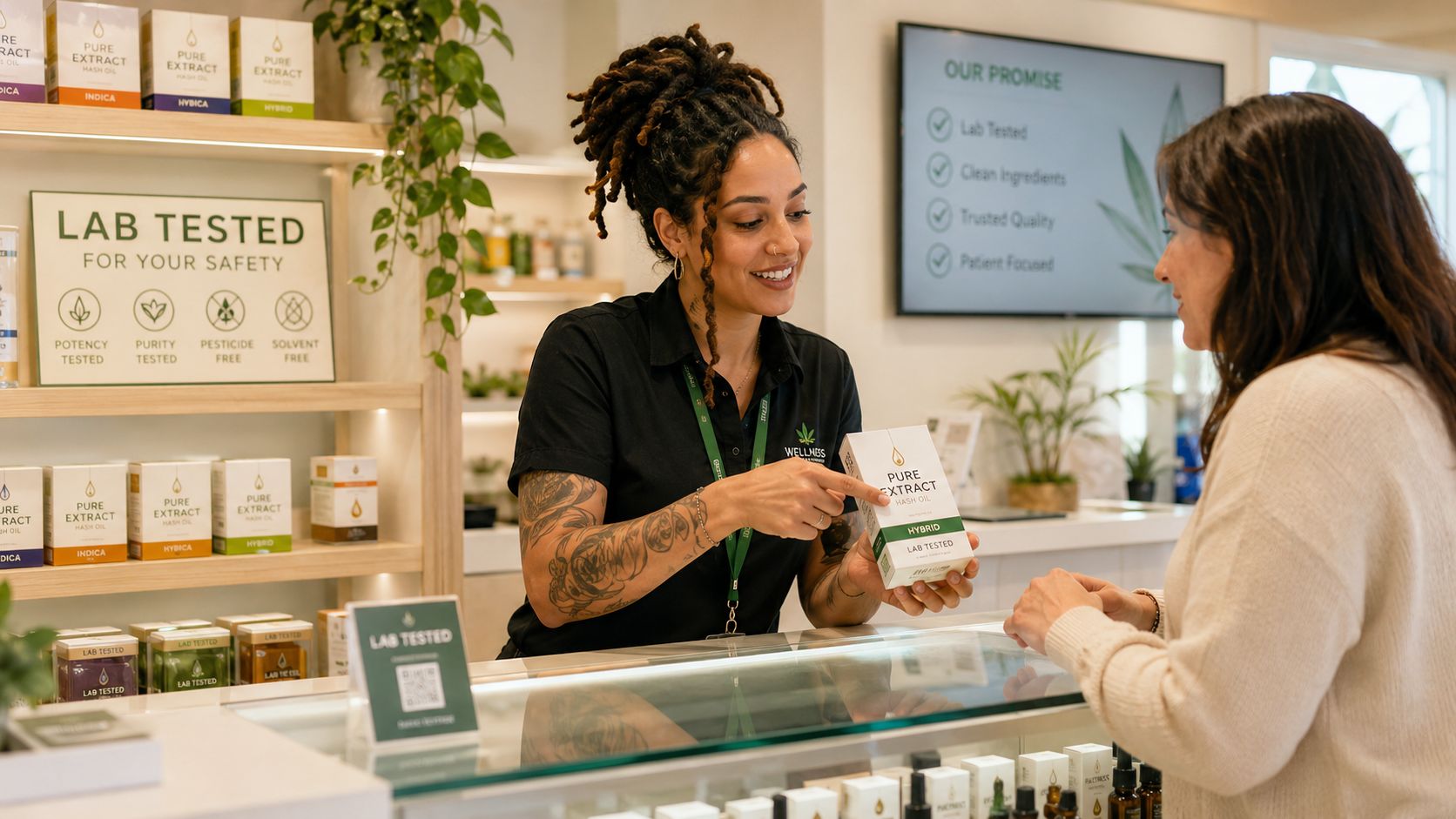 A friendly dispensary employee showing a box of Pure Extract hash oil to a customer.
