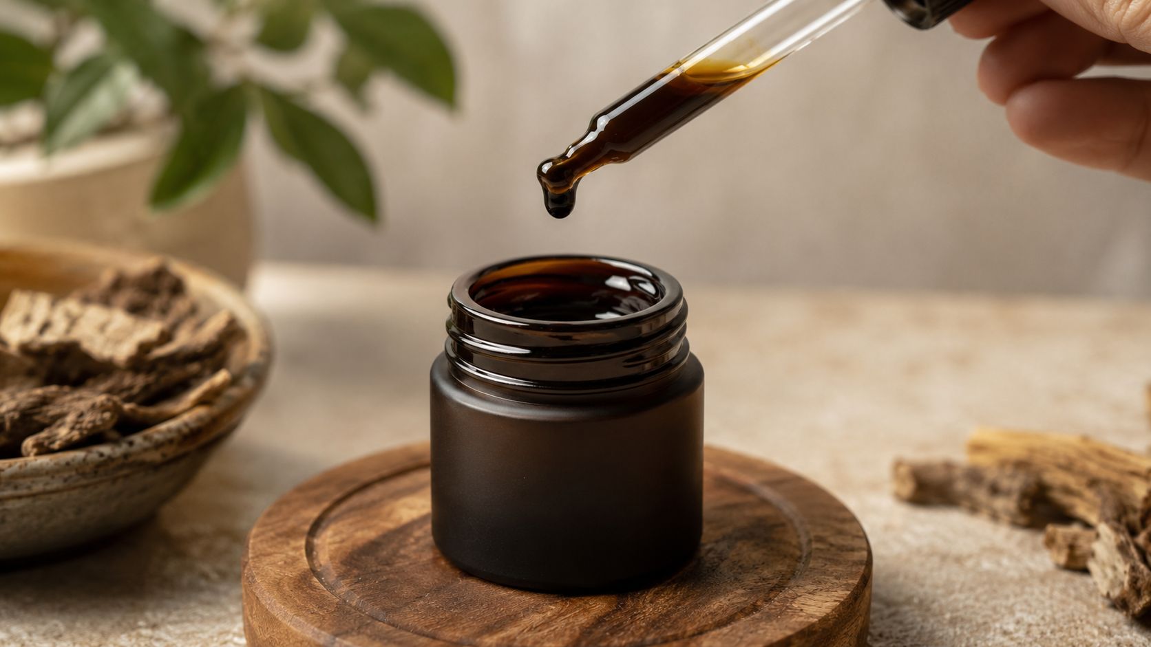 A close-up of a dropper dispensing dark herbal oil into a small brown glass medicine jar.