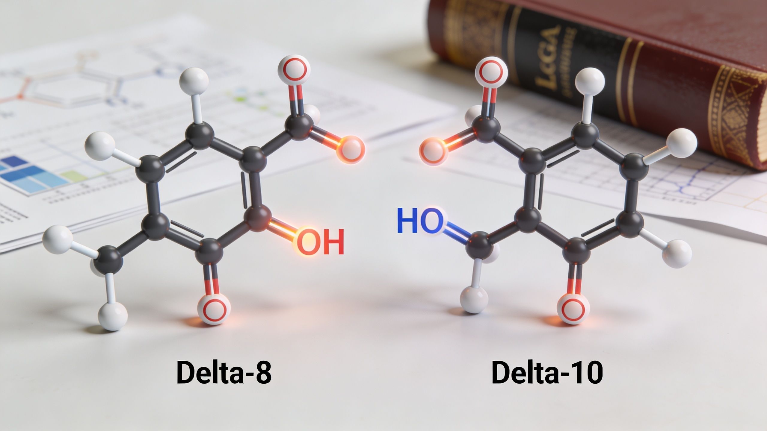 Molecular models of Delta-8 and Delta-10 cannabinoids displayed on a desk with scientific charts and books.
