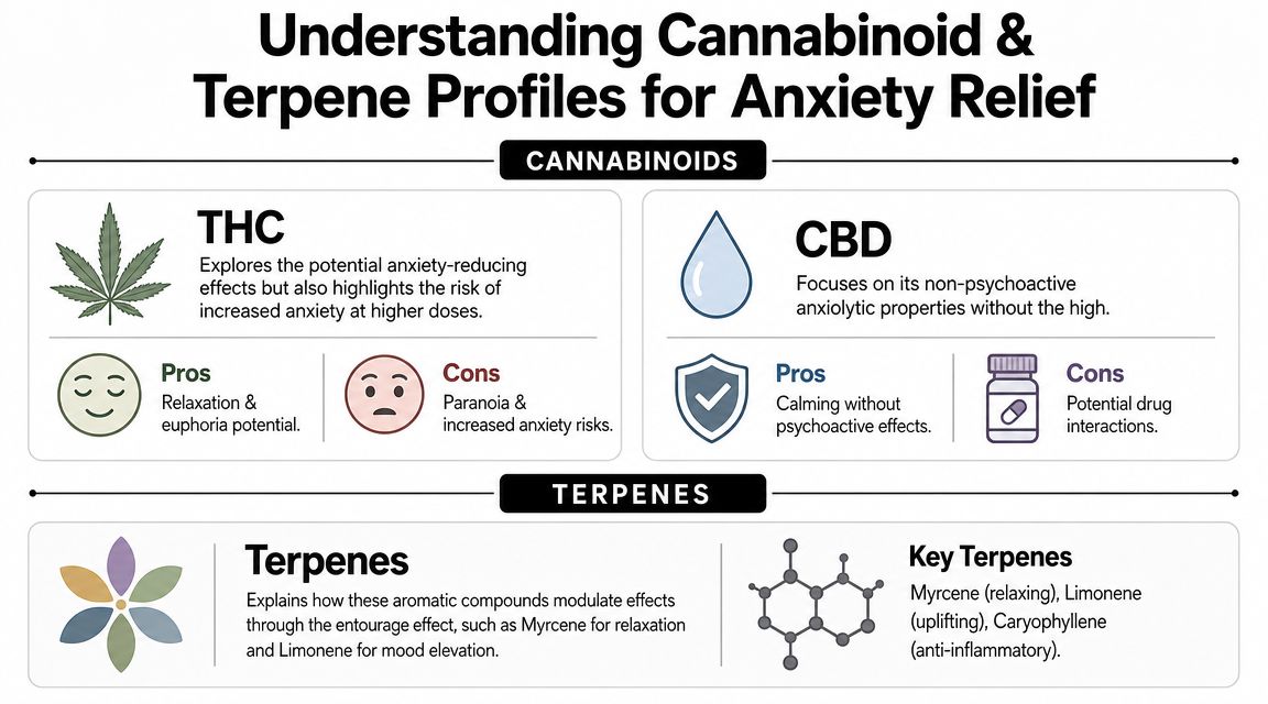An infographic titled Understanding Cannabinoid and Terpene Profiles for Anxiety Relief explaining THC, CBD, and terpene effects.