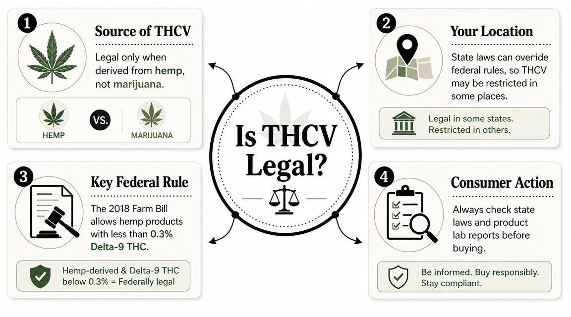 An infographic titled Is THCV Legal detailing four key factors including source, location, federal rules, and consumer action.