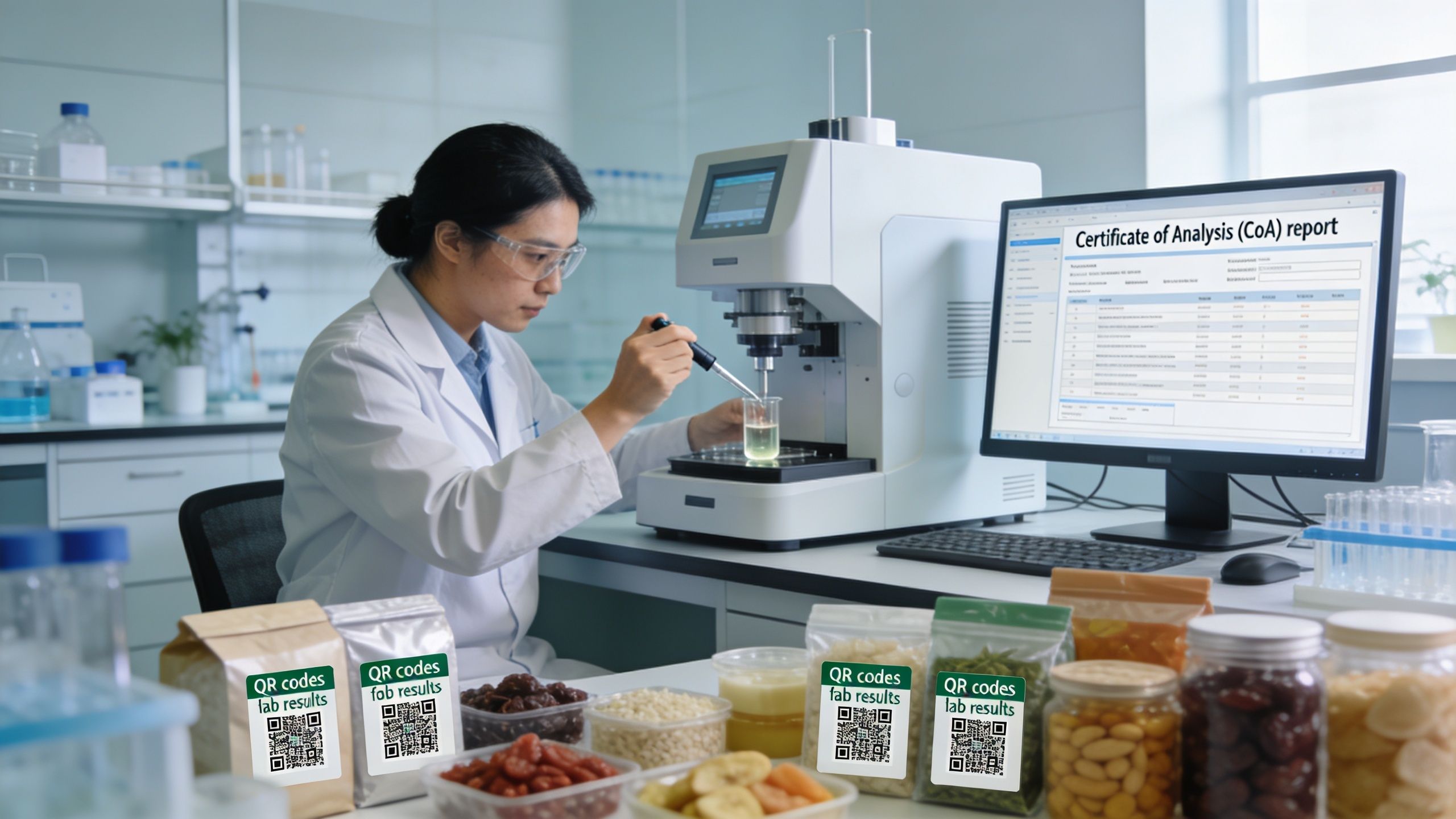 A lab technician conducting quality analysis on various botanical extracts and edible samples in a laboratory setting.