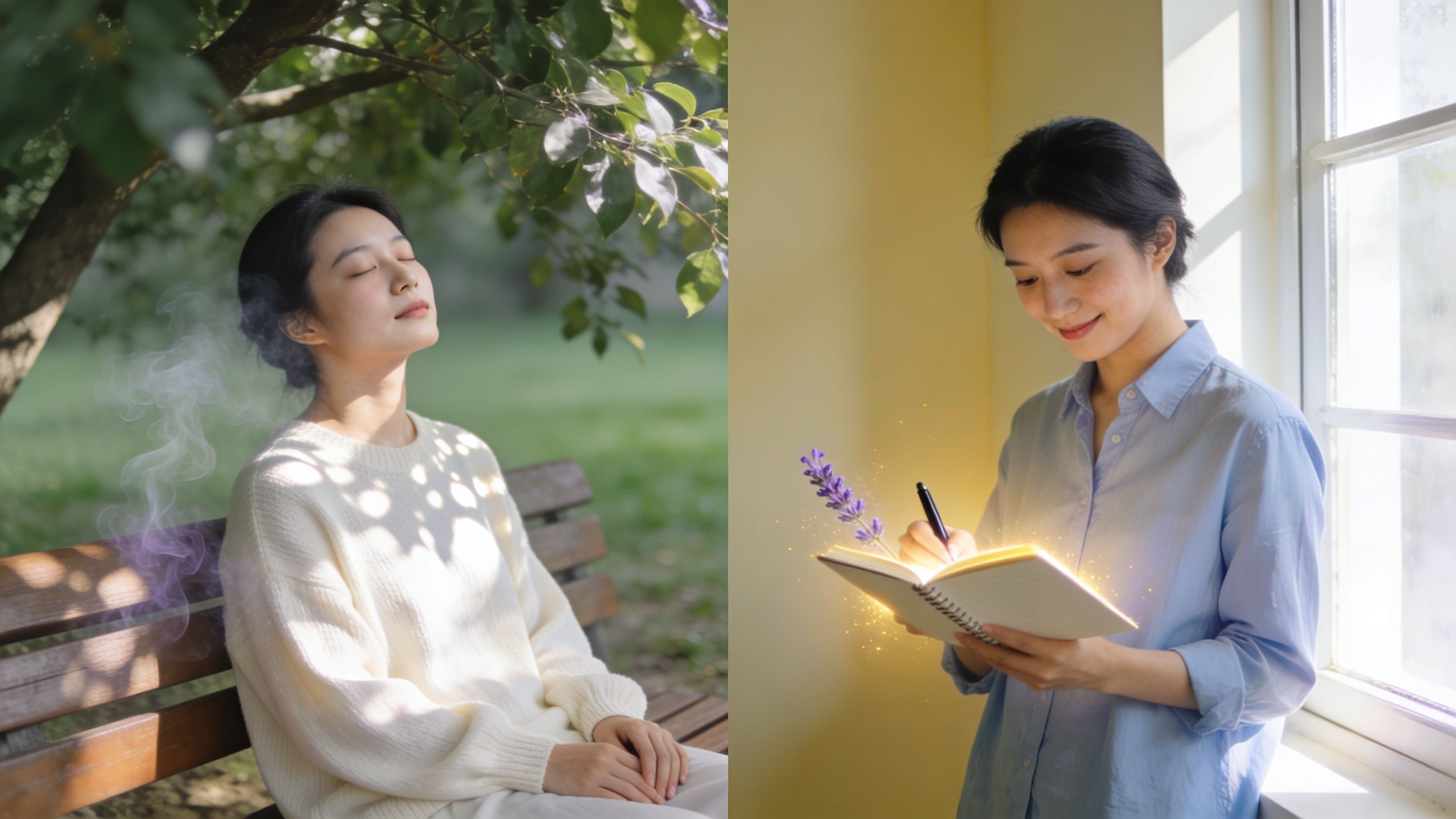 A split image showing a woman relaxing on a park bench and writing in a glowing journal.