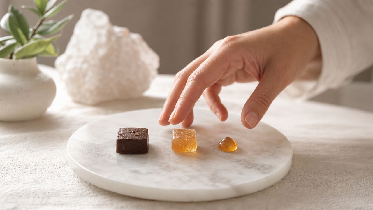 A person's hand reaches toward a selection of edible treats arranged on a round marble serving tray.