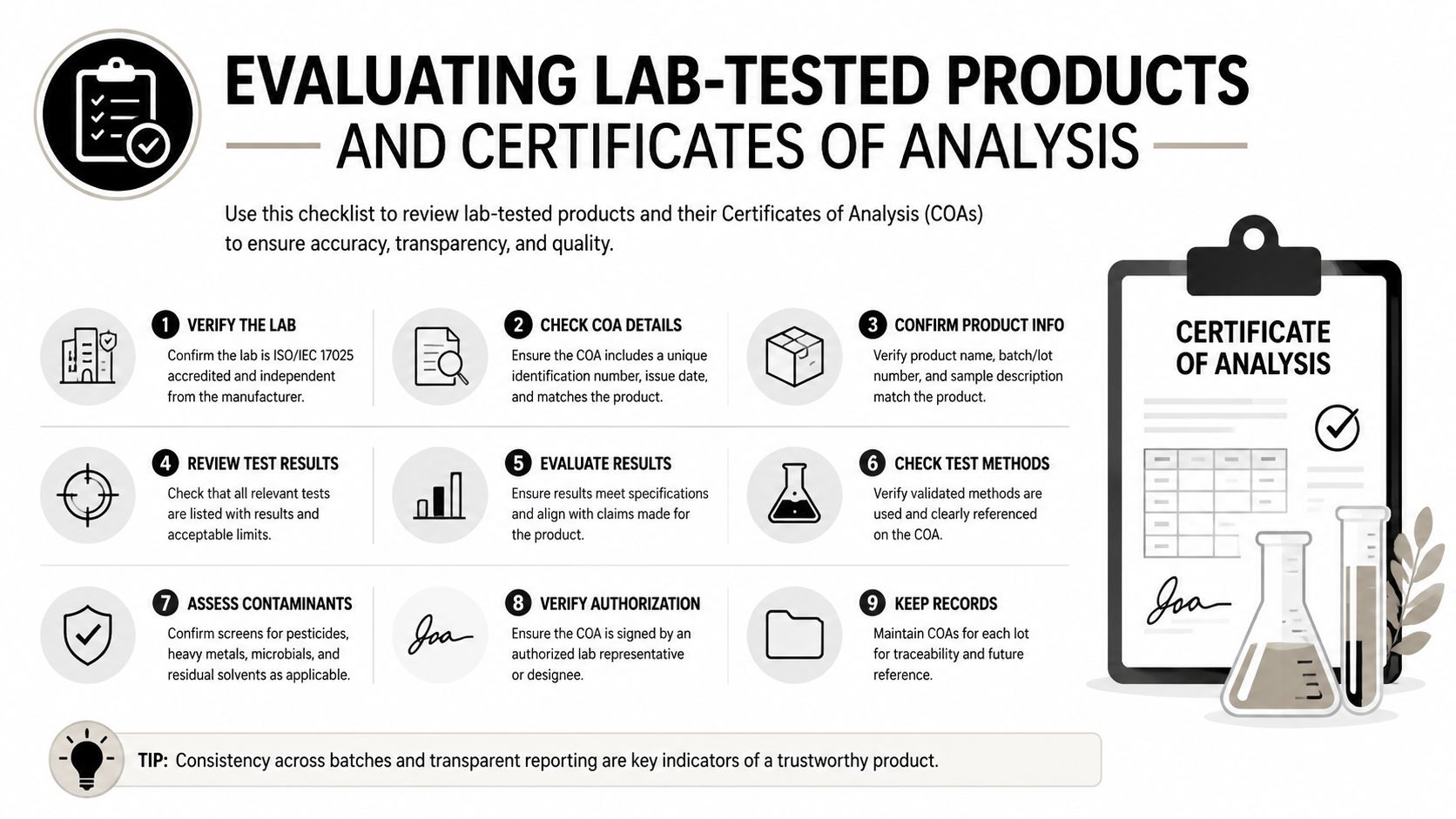 An infographic checklist for evaluating lab-tested products and Certificates of Analysis for quality and accuracy.