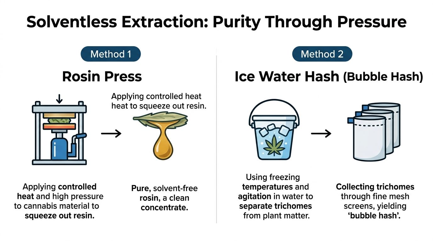 A diagram comparing rosin press and ice water hash solventless cannabis extraction methods.