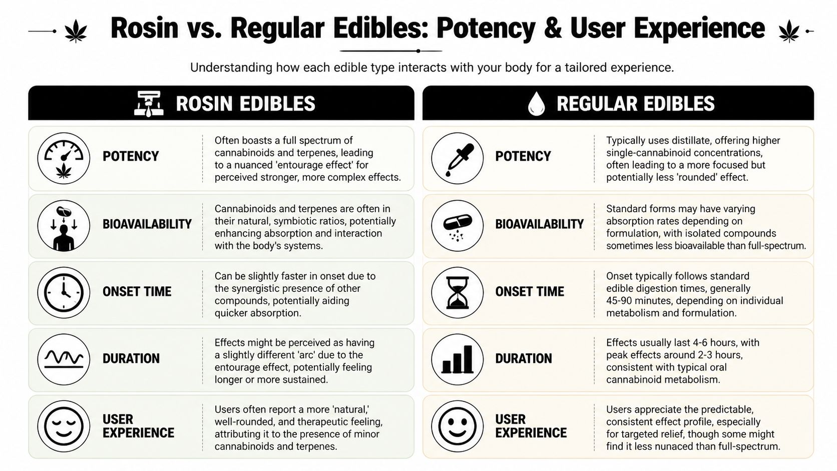 A comparison chart outlining the key differences between rosin edibles and regular edibles regarding potency, bioavailability, onset, and user experience.