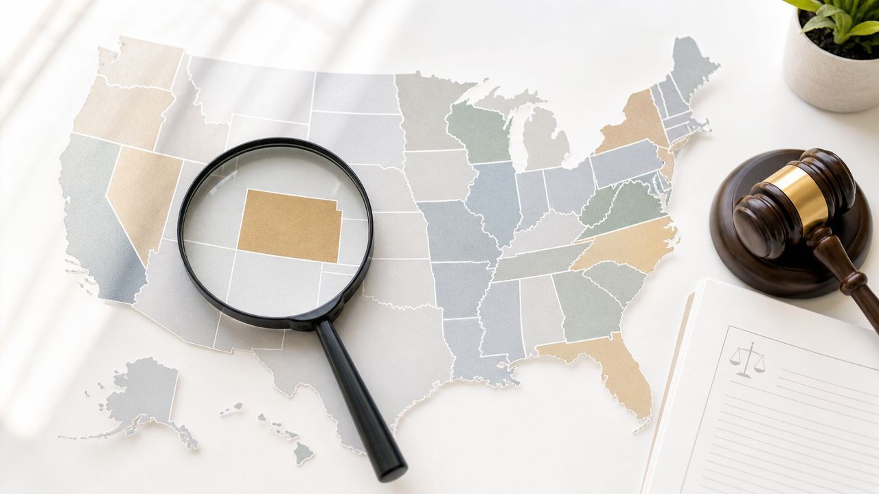 A magnifying glass placed over Wyoming on a map of the United States with a judge's gavel.