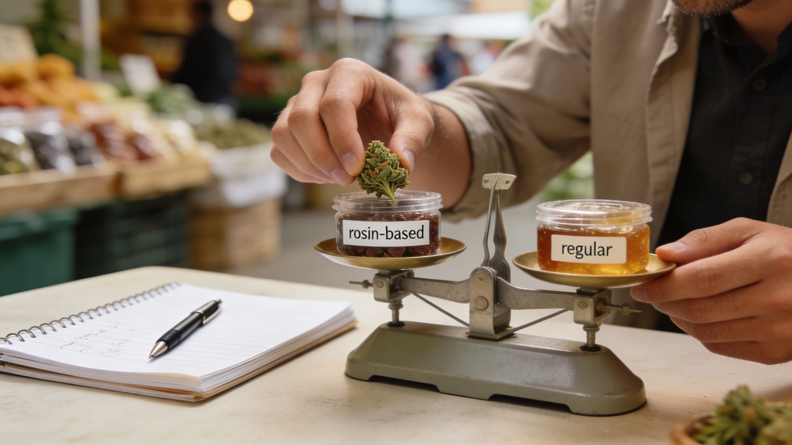 A person using a balance scale to compare rosin-based products with regular cannabis products at a market.