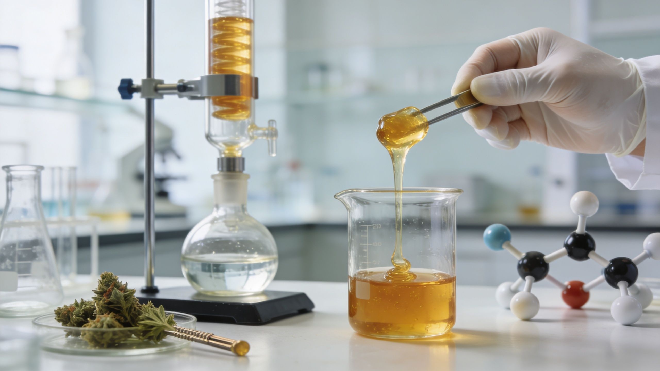 A scientist in a laboratory holding cannabis concentrate resin with tweezers above a glass beaker.