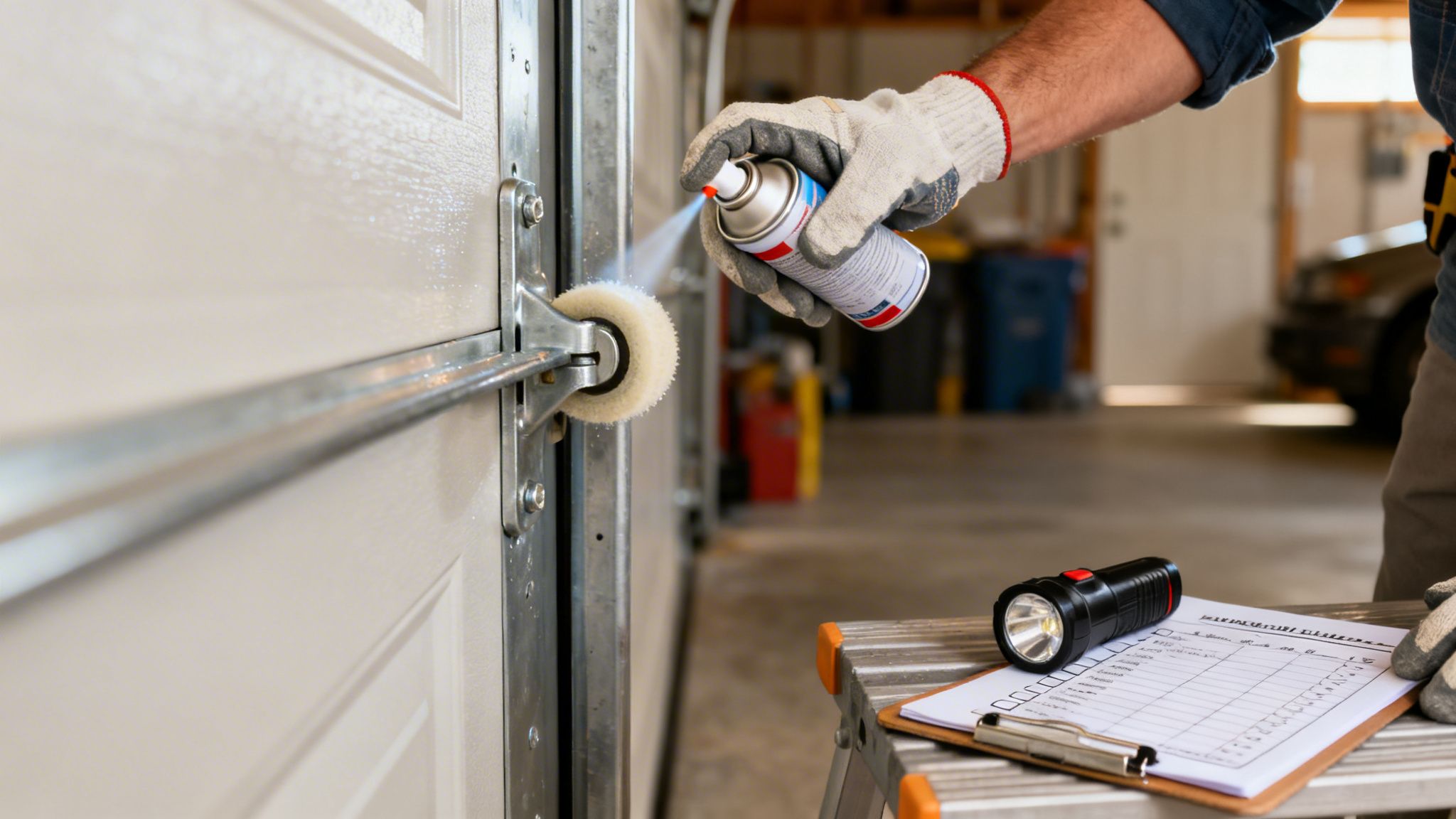 A person in work gloves sprays lubricant on a garage door roller during maintenance.