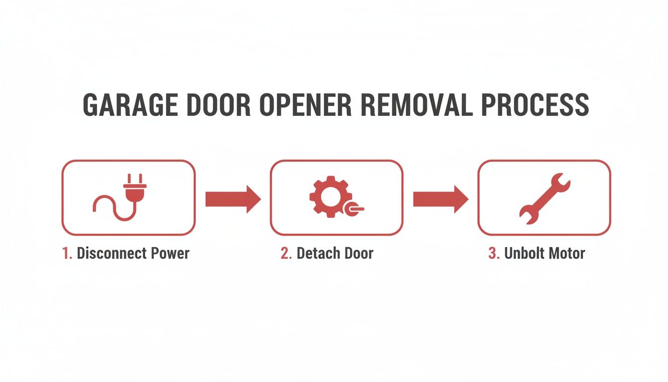 A step-by-step guide for garage door opener removal, showing icons for power, door, and motor.