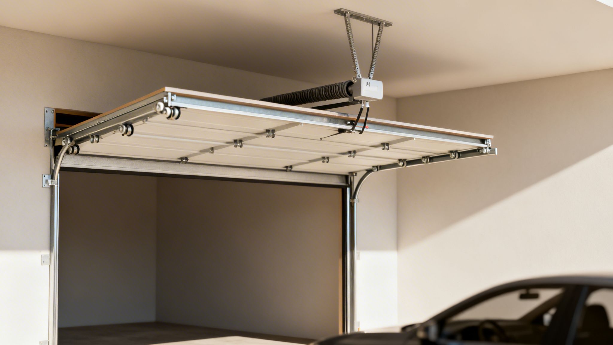 A modern sectional garage door is partially open, revealing the internal mechanism and tracks inside a well-lit garage.
