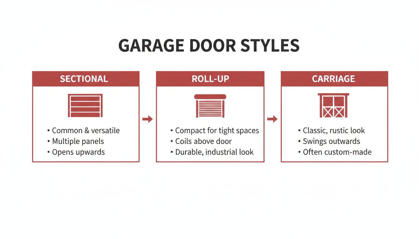 A diagram illustrates three garage door styles: Sectional, Roll-Up, and Carriage, detailing features.