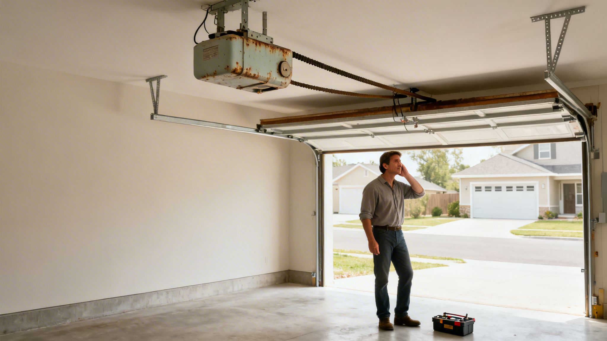 A homeowner inspects a malfunctioning garage door opener, possibly calling for service.