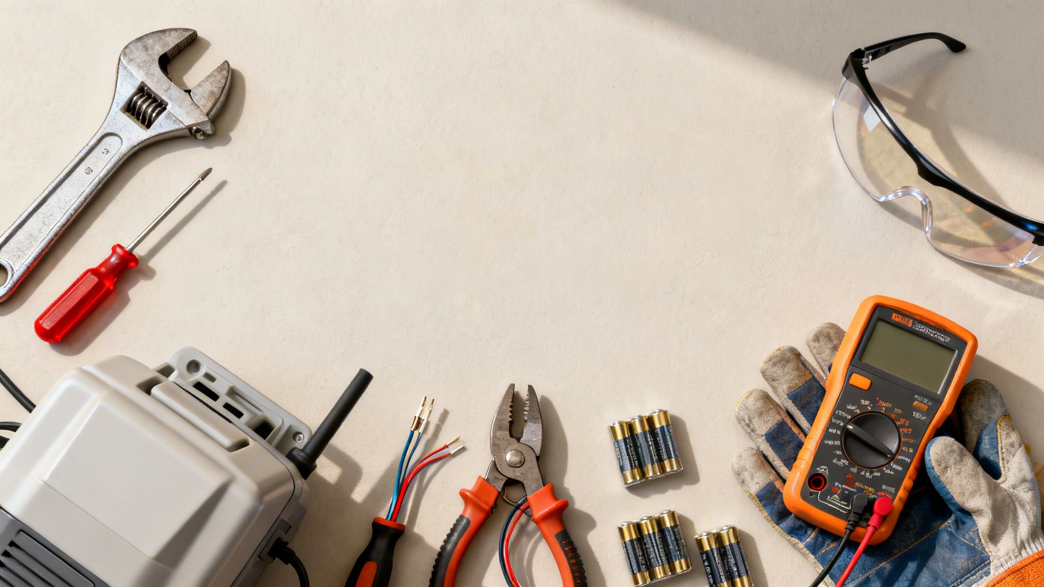 Overhead shot of various DIY and electrical tools including a multimeter, wrench, and safety glasses.