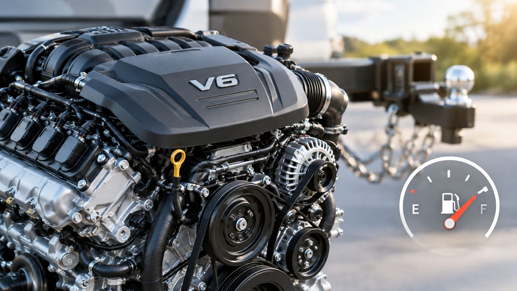 A close-up view of a powerful automotive V6 engine with a fuel gauge overlay nearby.