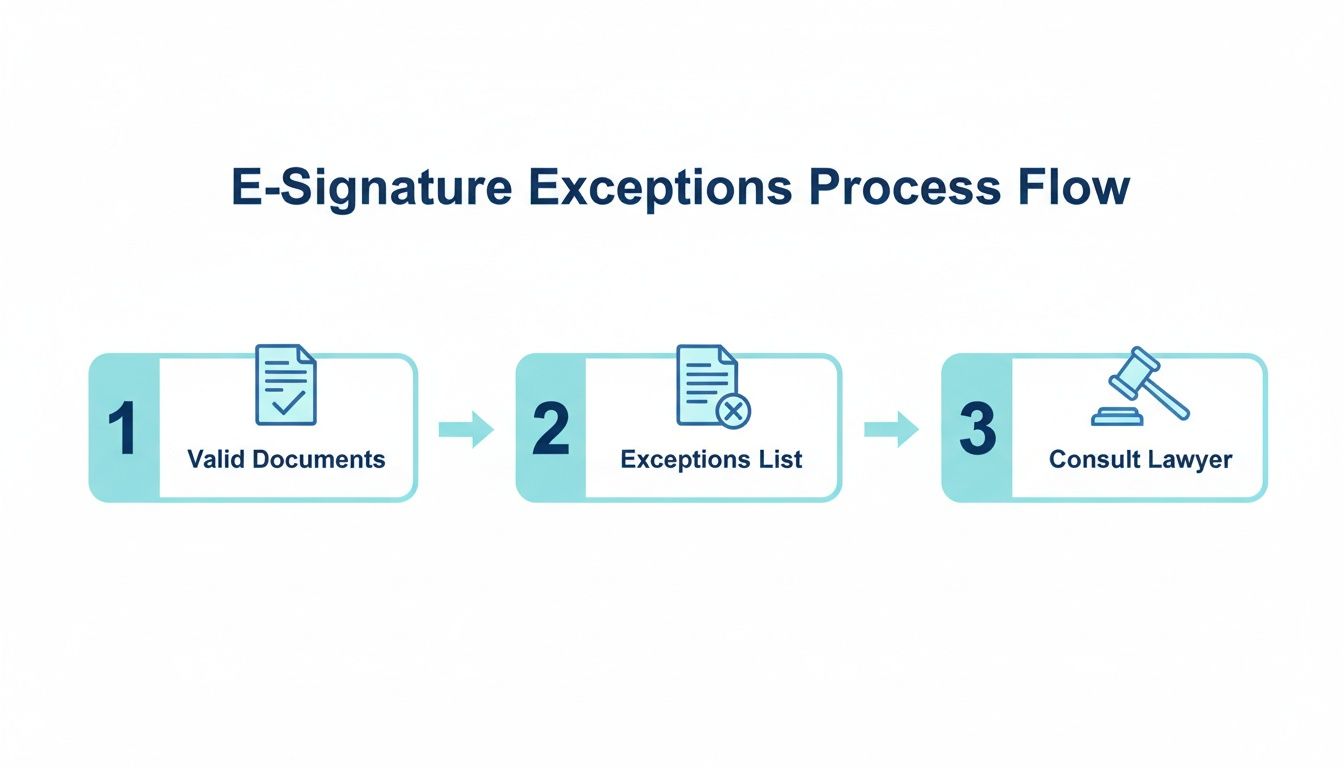 A three-step process flow for E-Signature Exceptions, detailing valid documents, exceptions list, and consulting a lawyer.
