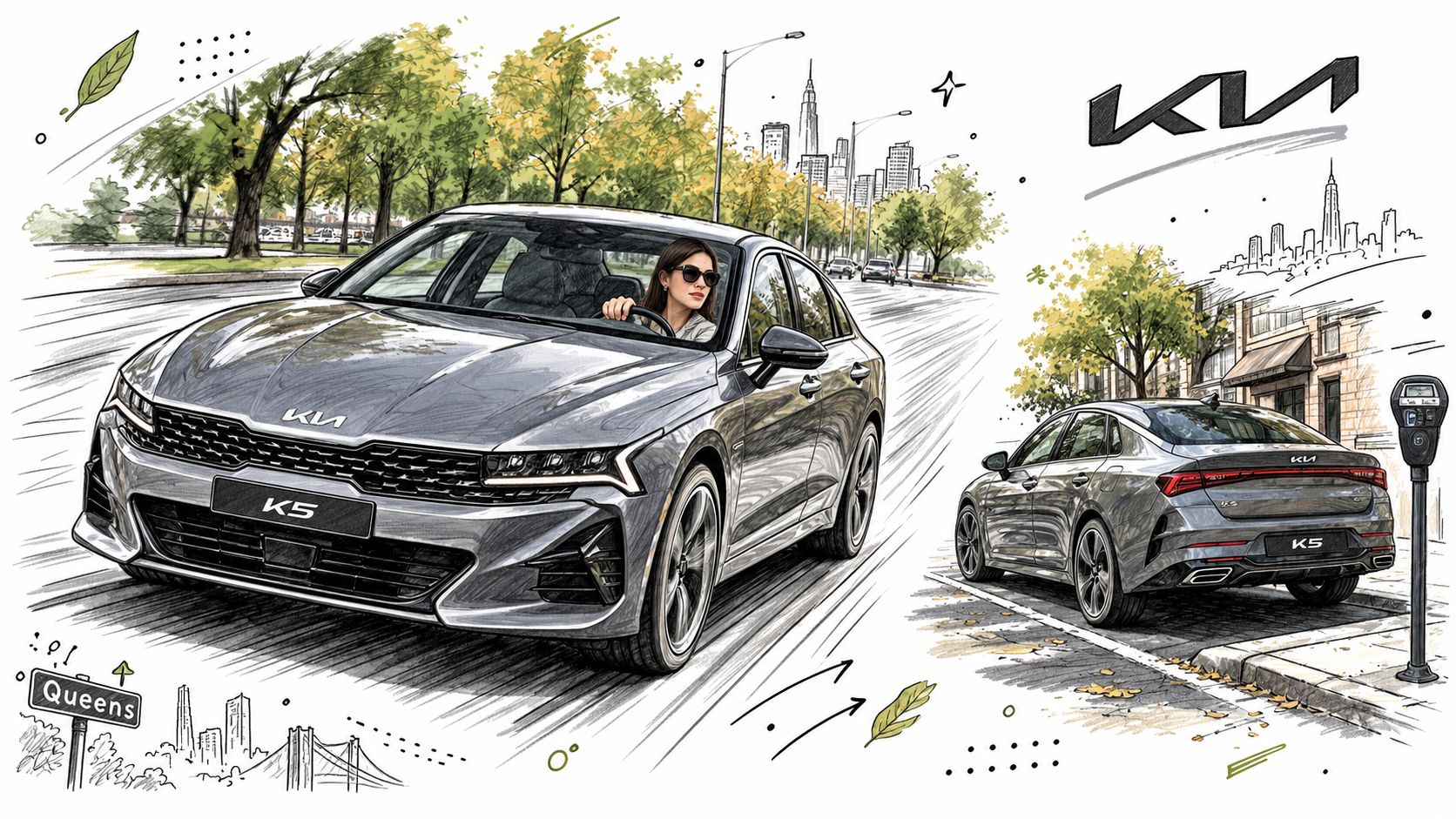 A charcoal gray Kia K5 sedan depicted in an artistic sketch style driving through an urban setting.