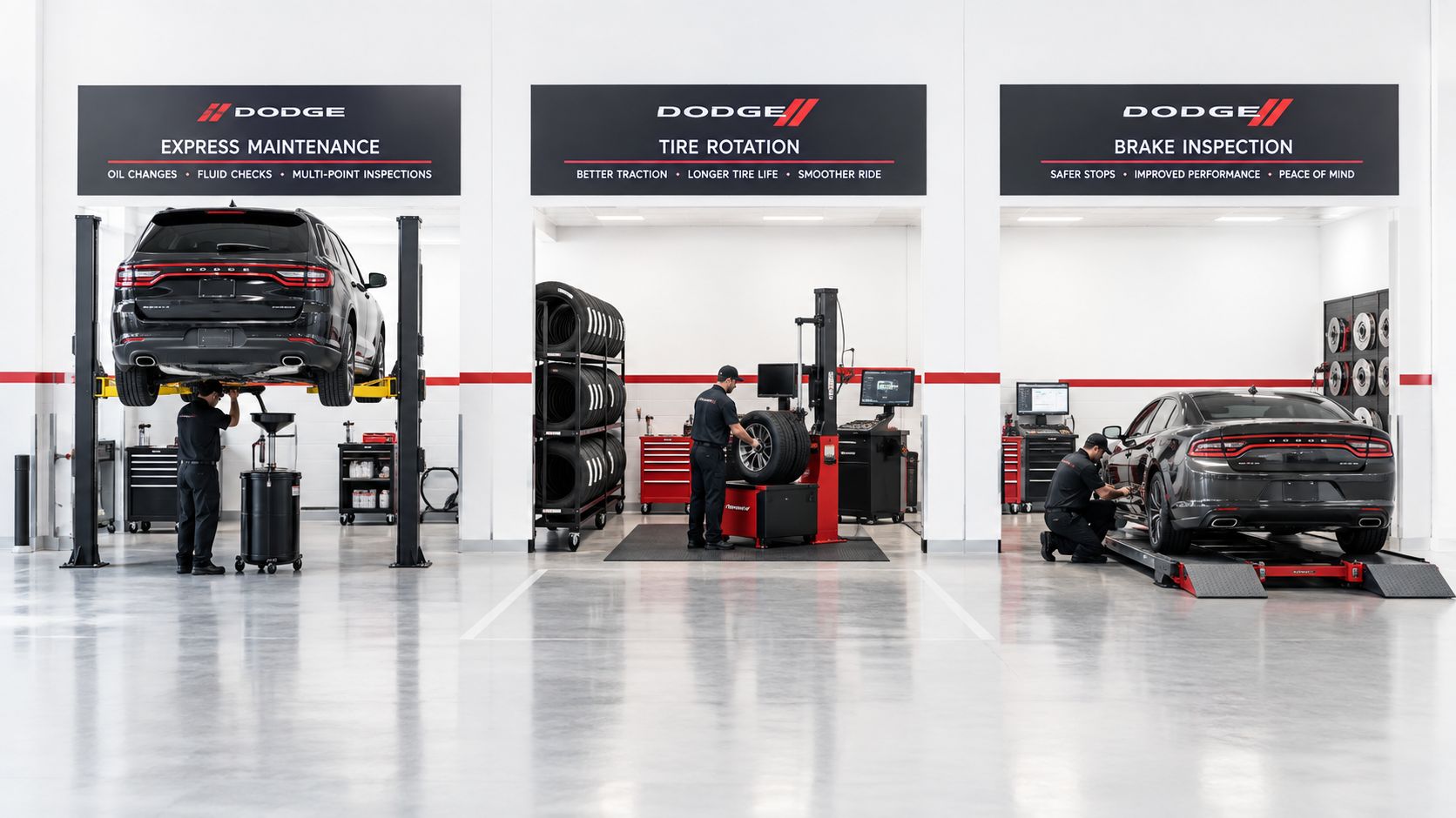Professional technicians performing maintenance services on Dodge vehicles in a clean, modern Dodge service dealership facility.