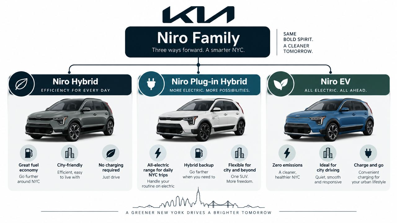 A Kia infographic showing the three models of the Niro family: Hybrid, Plug-in Hybrid, and EV.