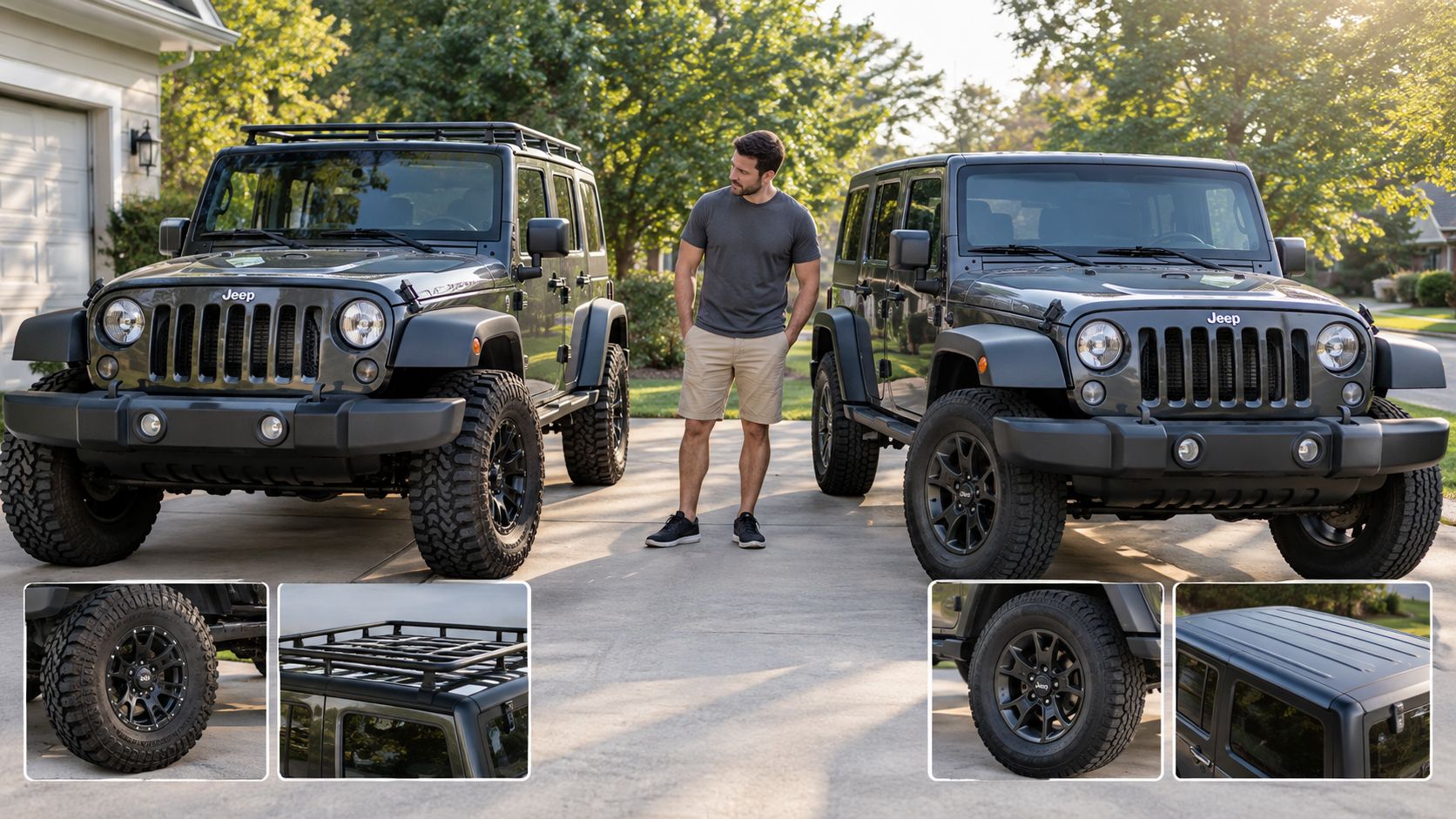 A man stands between two dark gray Jeep Wrangler SUVs in a residential driveway on a sunny day.