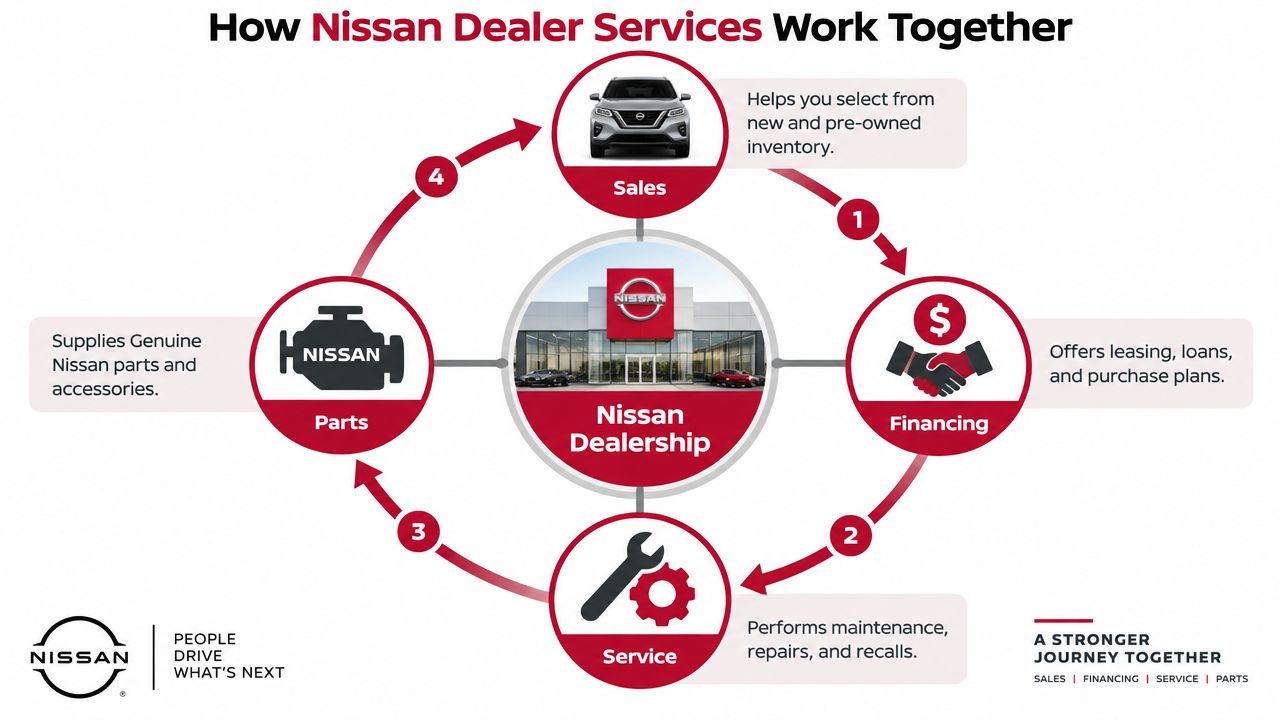 A diagram illustrating the interconnected services of a Nissan dealership including sales, financing, service, and parts.