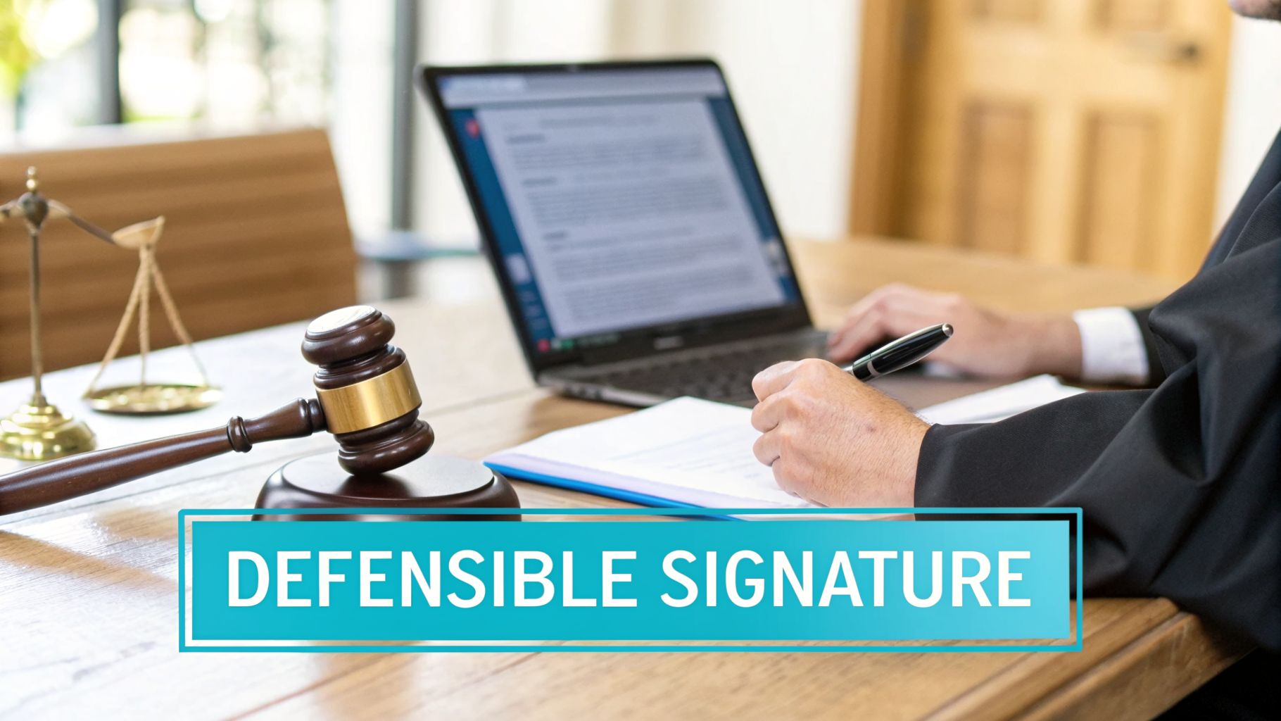 A legal professional signing documents at a desk with a gavel, laptop, and scales of justice.