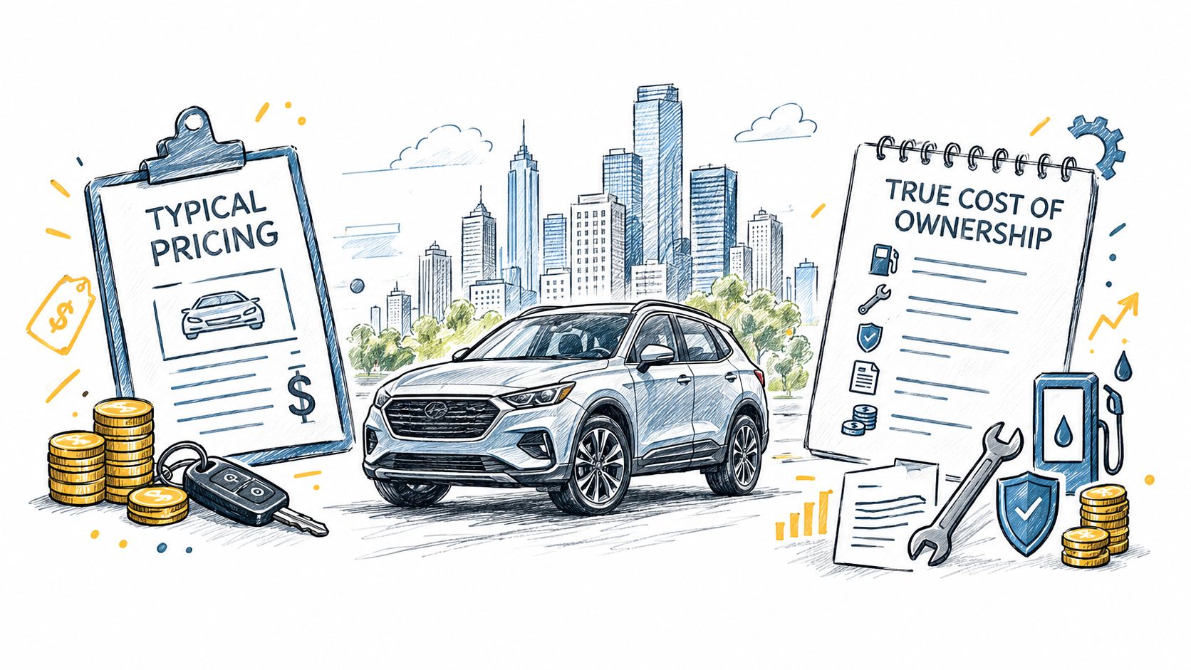 A hand-drawn illustration comparing vehicle purchase price and true cost of ownership featuring a modern SUV.