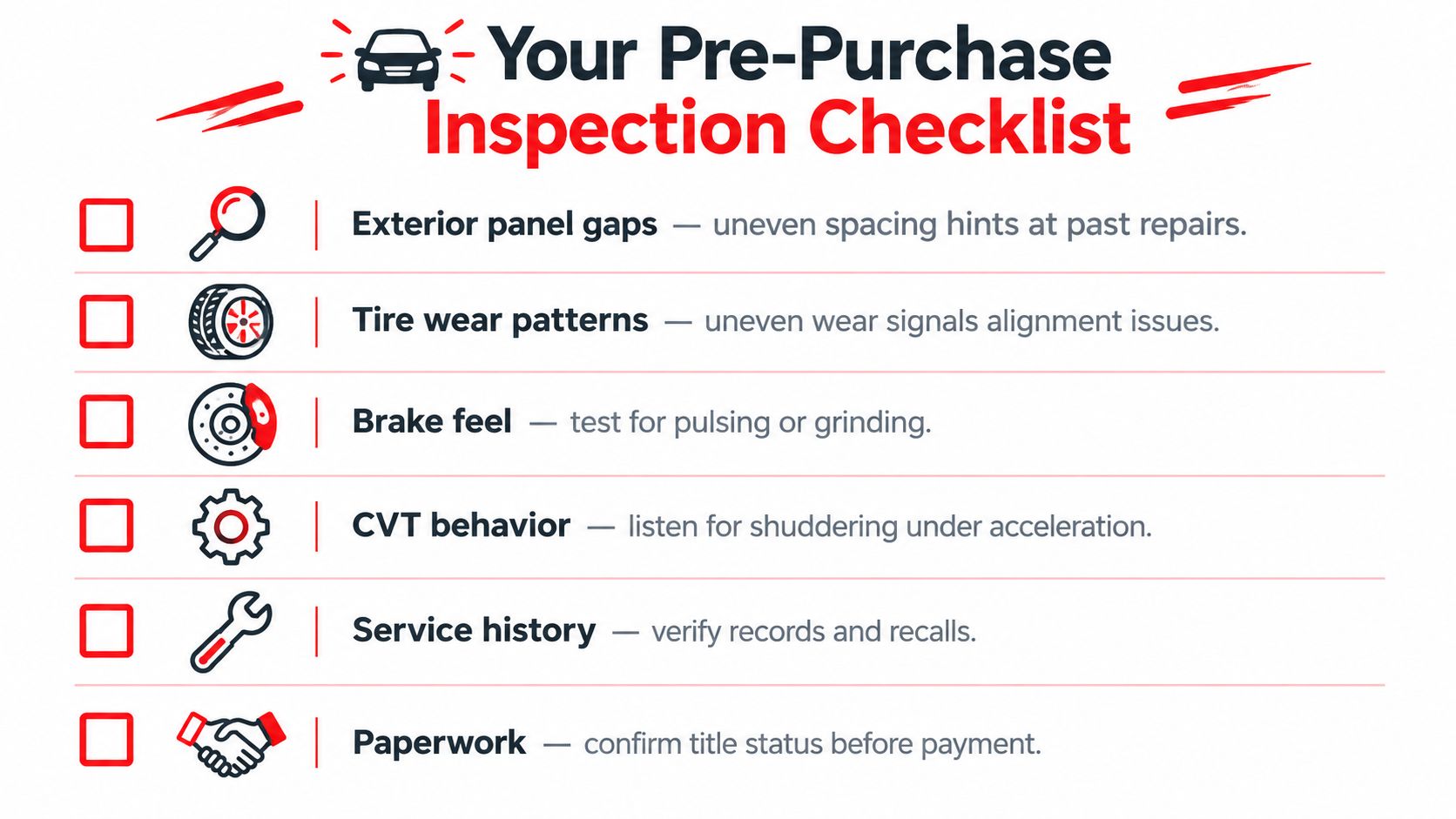 A pre-purchase vehicle inspection checklist infographic listing six essential areas to examine when buying a used car.