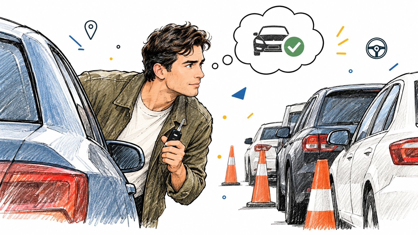 A young man holding car keys, looking at a parking space next to several certified pre-owned cars.