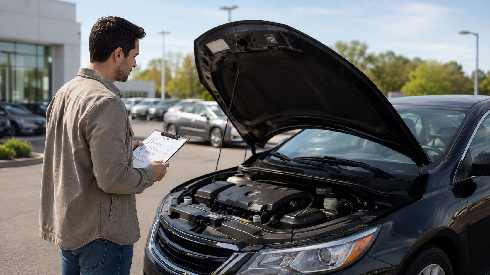 A man inspecting a car engine with a clipboard at a dealership for a first time buyer.