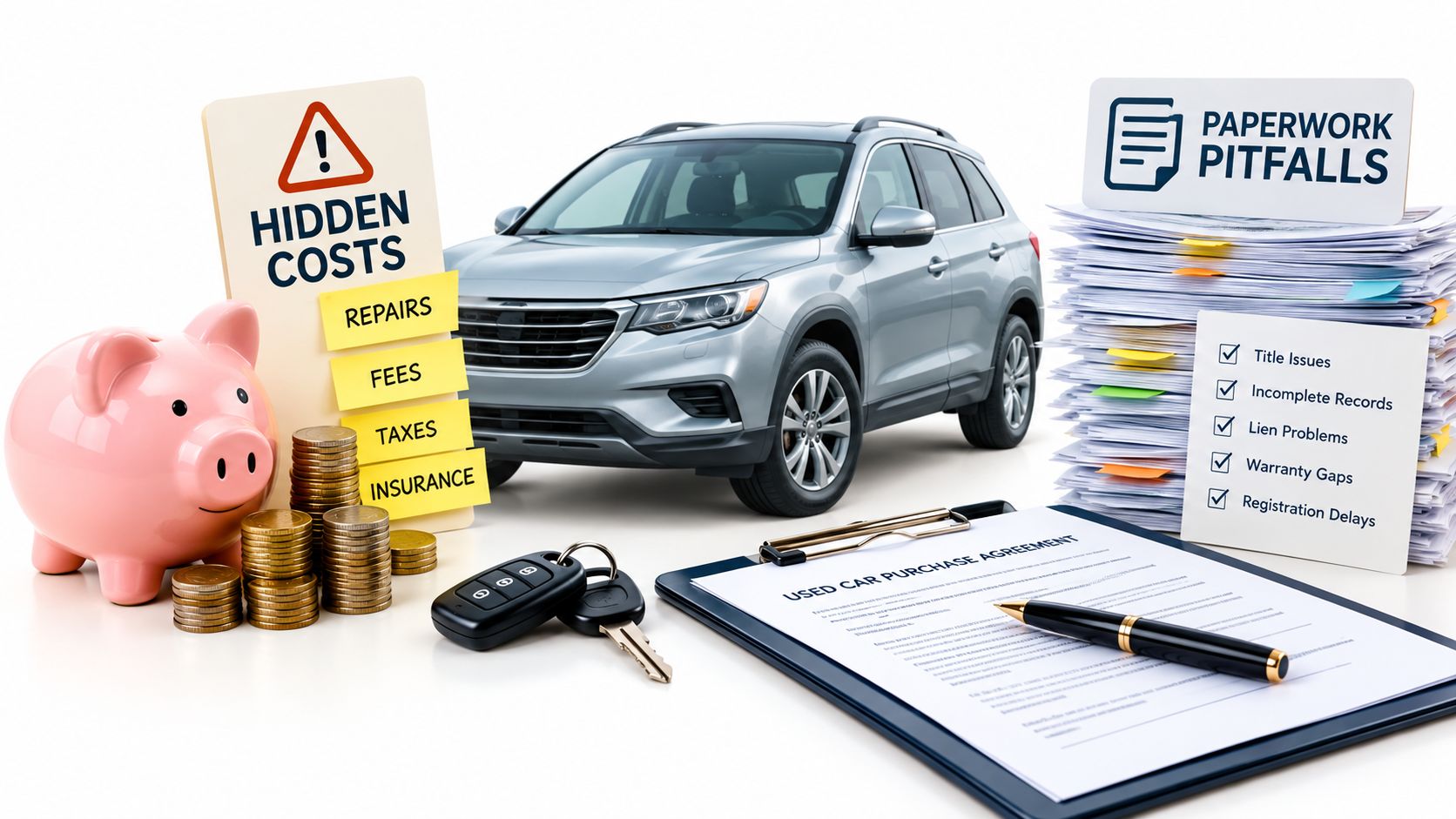 A silver SUV displayed with a piggy bank, stacks of coins, and paperwork representing used car costs.