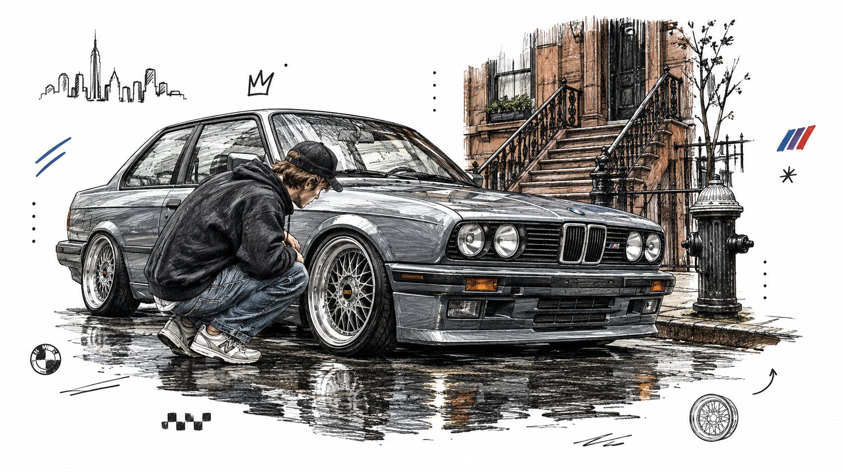 A young man in a hoodie crouching to inspect the front wheel of a gray BMW E30.