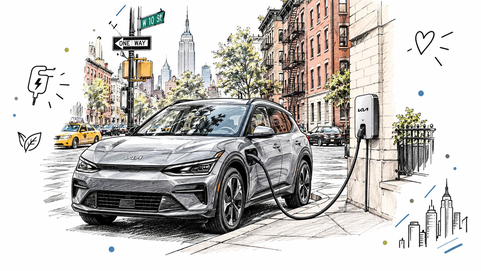 A silver electric Kia crossover plugged into a wall charging station on a bustling New York City street.