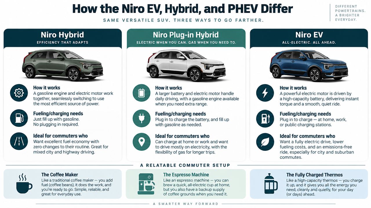 A comparison chart explaining the differences between the Kia Niro Hybrid, Plug-in Hybrid, and EV electric models.