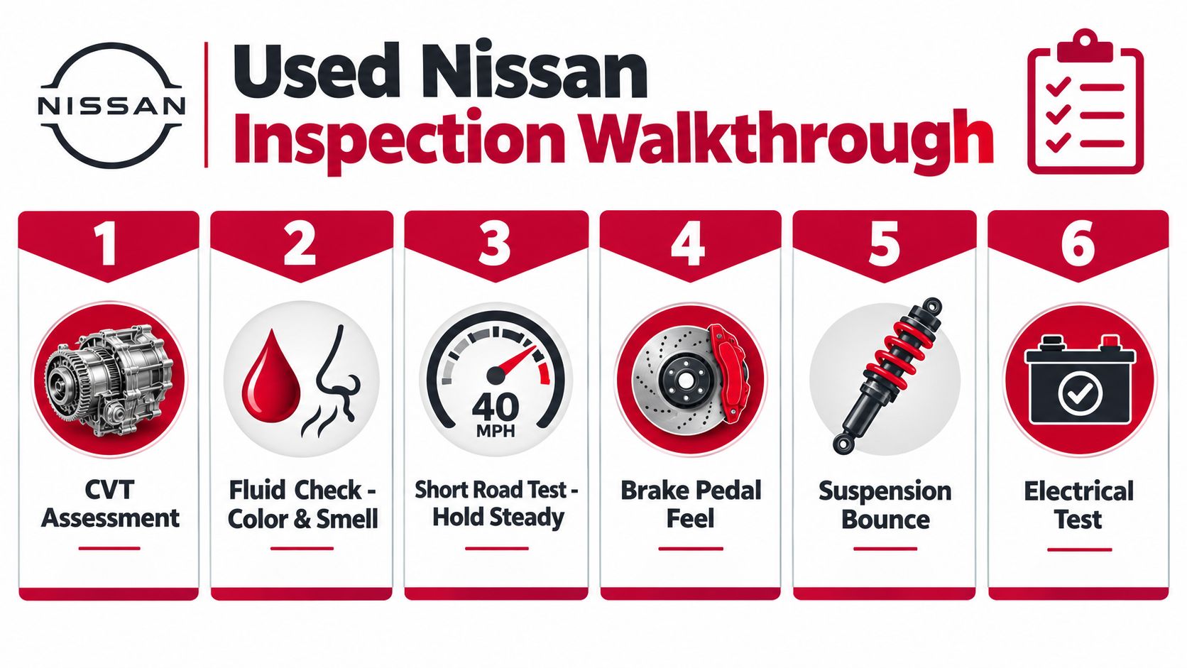 A checklist infographic outlining six essential inspection steps for evaluating a pre-owned Nissan vehicle's condition.