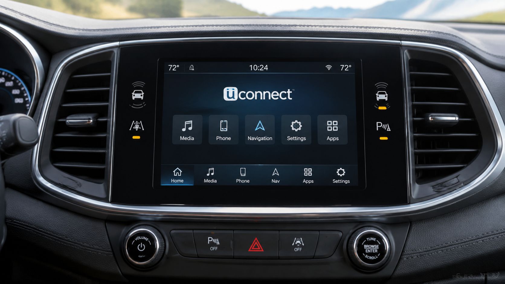 A central touchscreen infotainment system in a vehicle dashboard displaying the Uconnect interface with various menu icons.