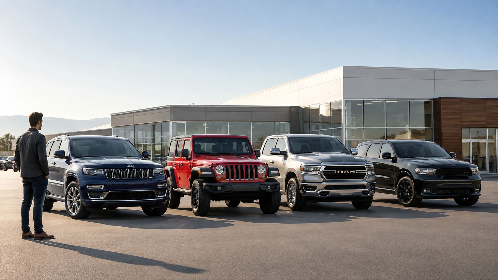 A man standing in a dealership lot looking at a row of modern Jeep and Ram vehicles.