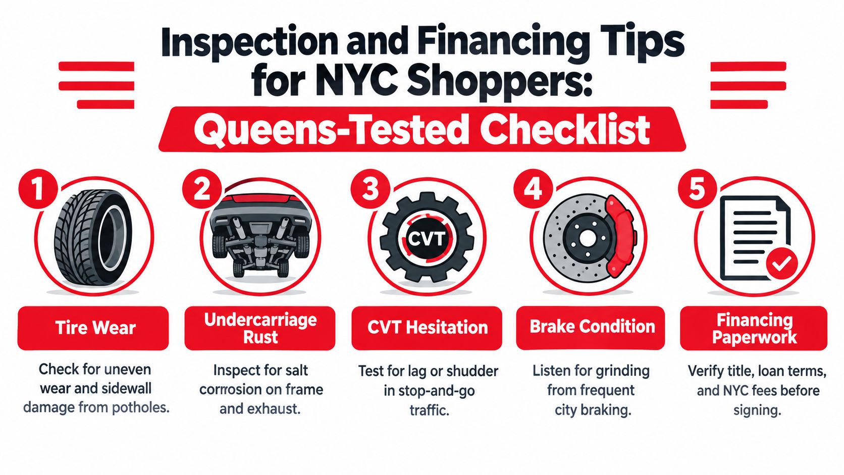 A checklist of five tips for inspecting used cars and reviewing financing documents in New York City.