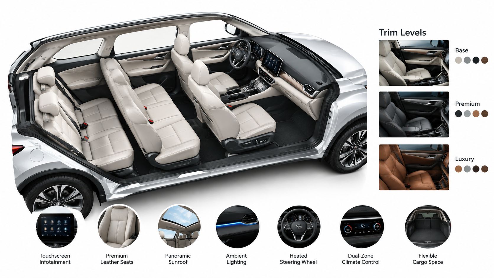 A cutaway view of a modern SUV interior showing leather seating, dashboard technology, and available trim levels.
