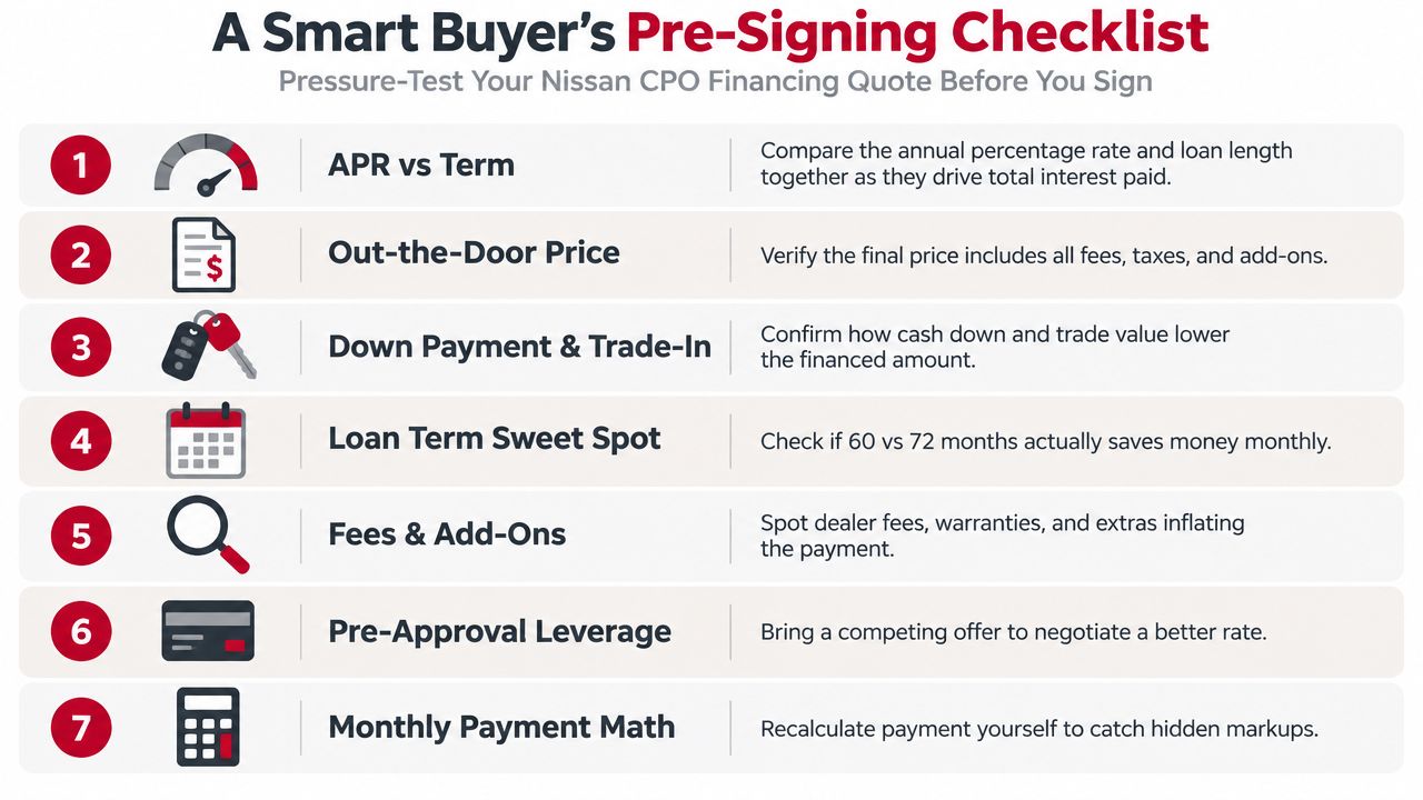 A seven-step checklist for Nissan certified pre-owned financing, helping buyers pressure-test quotes before finalizing a car loan.
