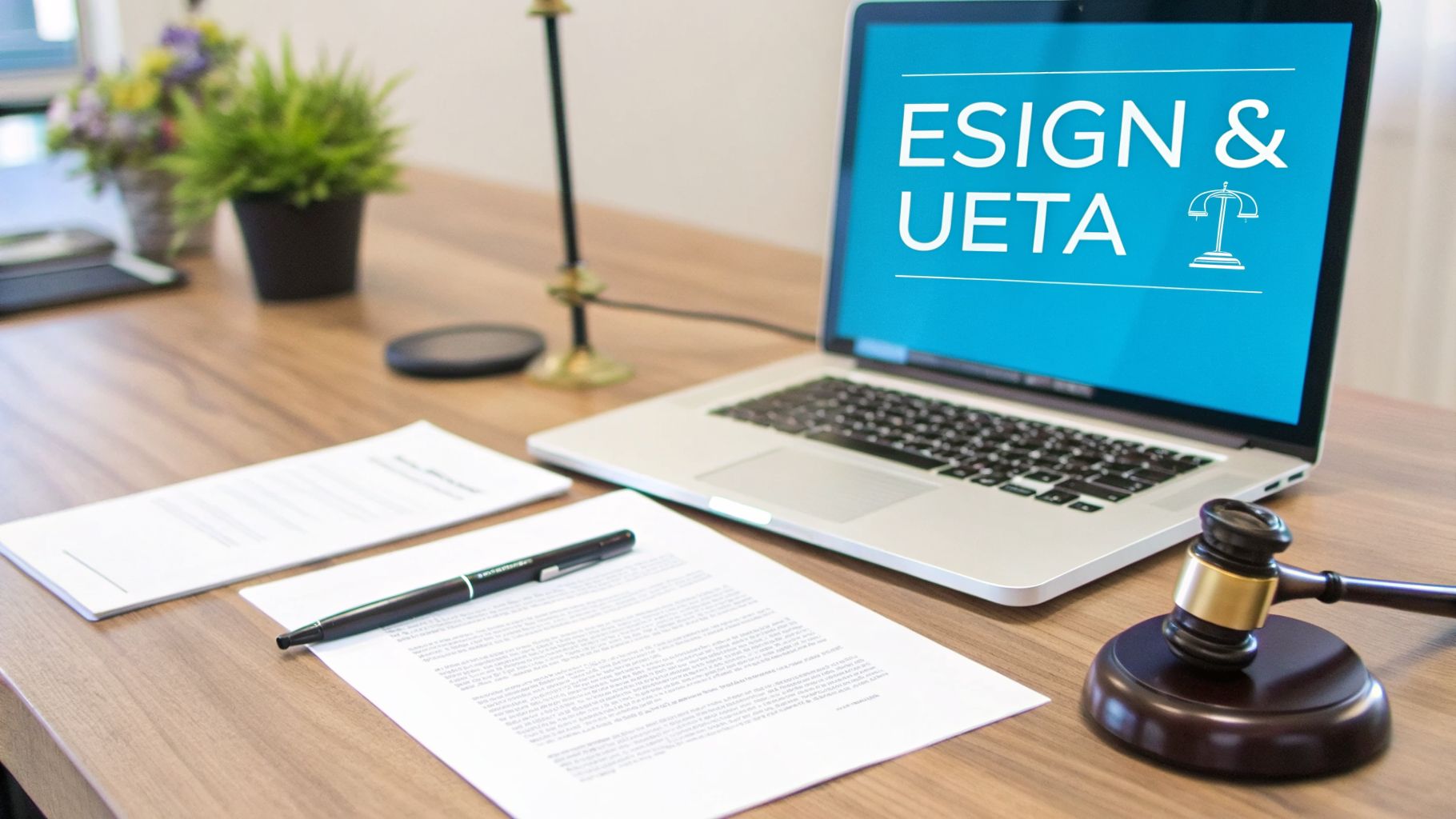 A laptop displaying 'ESIGN & UETA' next to legal documents and a judge's gavel on a wooden desk.