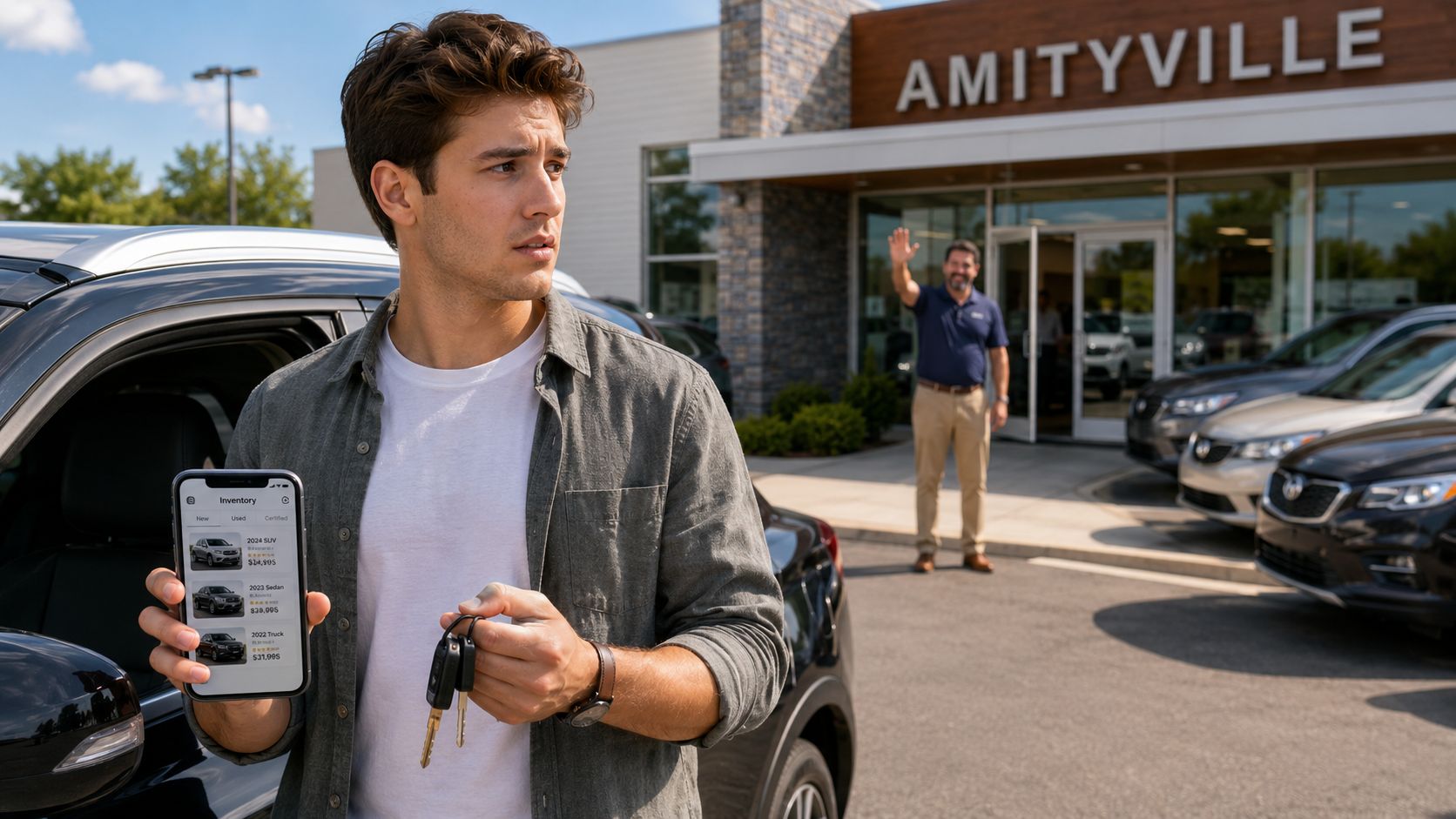 A young man holding car keys and a smartphone stands outside a car dealership looking concerned.