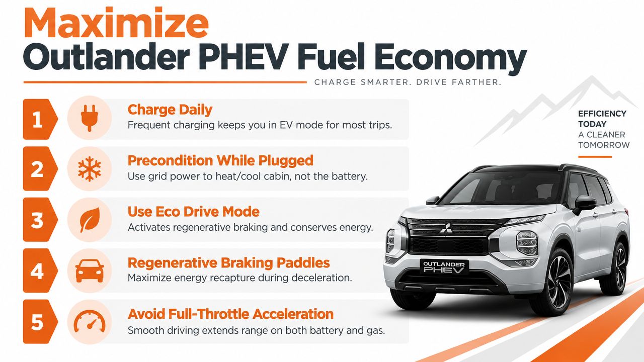 An infographic showing five tips for maximizing Mitsubishi Outlander PHEV fuel economy including charging and efficient driving techniques.
